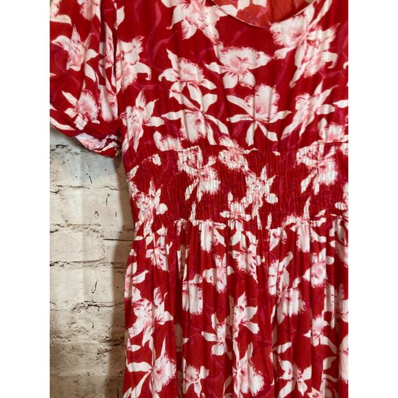 Amanda's Collection Babydoll Dress Womens Medium Red Tropical Floral Cottage - Picture 13 of 13